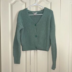 No Boundaries Cropped Button Up Teal Sweater